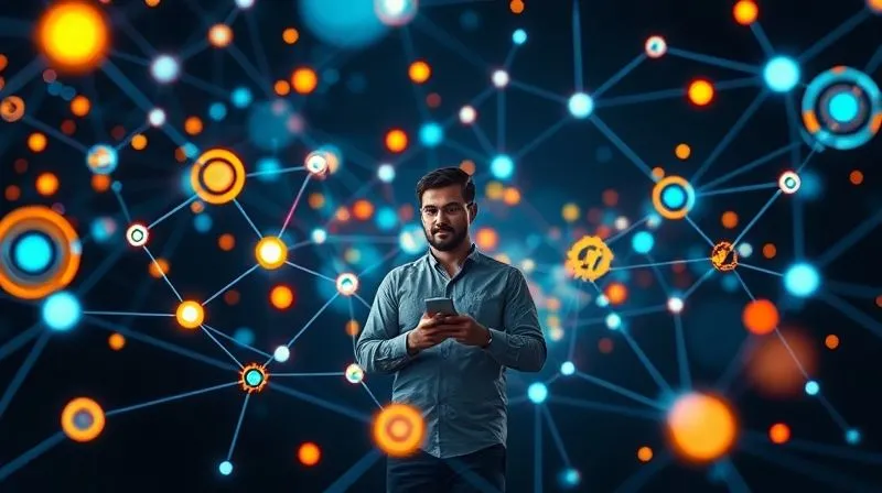 A photorealistic image of a vibrant, interconnected network of various AI tools and platforms, represented by glowing nodes and lines, with a central figure of a web developer confidently navigating this digital landscape. Cinematic lighting, sharp focus, 8K, depth of field, professional photography.