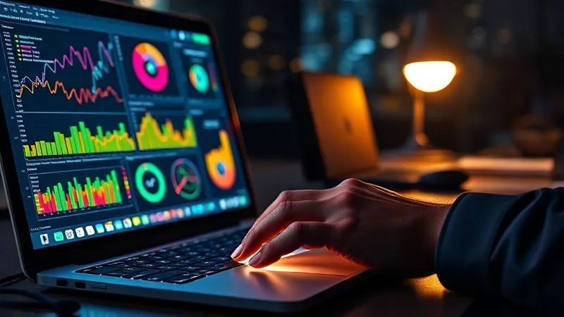 A photorealistic image of a freelancer's desk at night, with a laptop displaying complex, colorful data visualizations (charts, graphs, heatmaps) related to client project success and risk scores. The freelancer's hand is on a mouse, illuminated by the screen's glow. Cinematic lighting, sharp focus on the screen, depth of field blurring the background. 8K hyper-detailed.