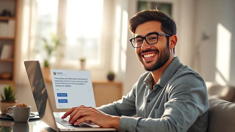 A photorealistic image of a successful freelancer smiling confidently, looking at a laptop screen displaying a positive client review and a "project completed" notification. Sunlight streams into a clean, modern home office. The freelancer has a relaxed, empowered posture. Cinematic lighting, sharp focus, depth of field. 8K hyper-detailed.