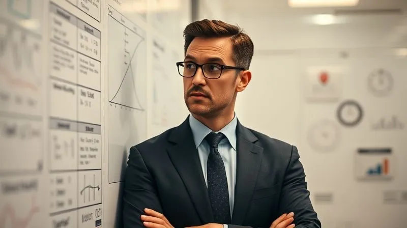 A photorealistic image of a thoughtful, well-dressed business executive looking at a complex problem on a whiteboard, surrounded by blurred diagrams and data, searching for a clear, concise solution. The executive's face shows a mix of challenge and anticipation, cinematic lighting, sharp focus on the executive, depth of field. 8K hyper-detailed, professional photography, shot on a high-end DSLR.