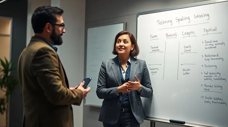 A photorealistic image of two diverse professionals, one a technical expert and the other a business executive, engaged in a clear and productive conversation. They are standing at a whiteboard with simple, clear diagrams connecting technical concepts to business outcomes. The atmosphere is collaborative and understanding, cinematic lighting, sharp focus on their interaction, depth of field. 8K hyper-detailed, professional photography, shot on a high-end DSLR.