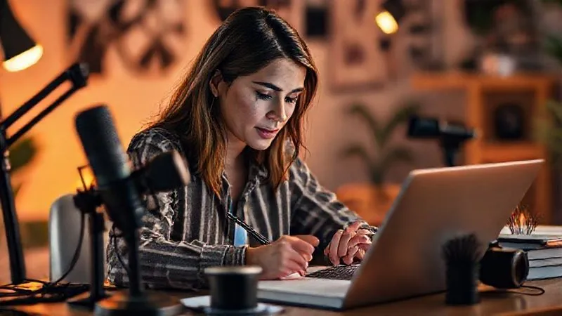 A photorealistic image of a diverse content creator (female, mid-30s) thoughtfully writing on a laptop, surrounded by various content elements like a microphone for podcasts, a camera for videos, and a notebook for blog ideas, all bathed in warm, creative cinematic lighting. Sharp focus on the creator's face and hands, with a soft blur in the background. 8K, professional photography, shot on a high-end DSLR.