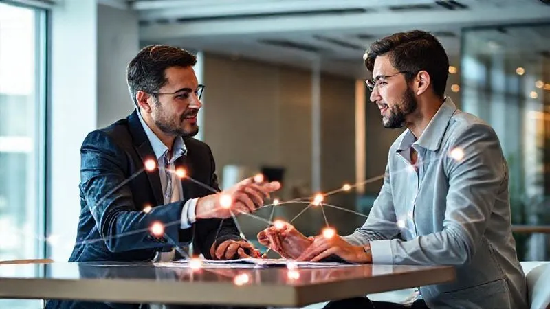 A photorealistic, professional photography image of two diverse business professionals (one male, one female, both mid-30s) engaged in a collaborative discussion over a tablet, with a stylized, glowing overlay of connection lines indicating strategic partnership. They are in a modern, brightly lit co-working space, with a focus on their engaged expressions and the tablet. 8K, cinematic lighting, sharp focus, depth of field. Shot on a high-end DSLR.