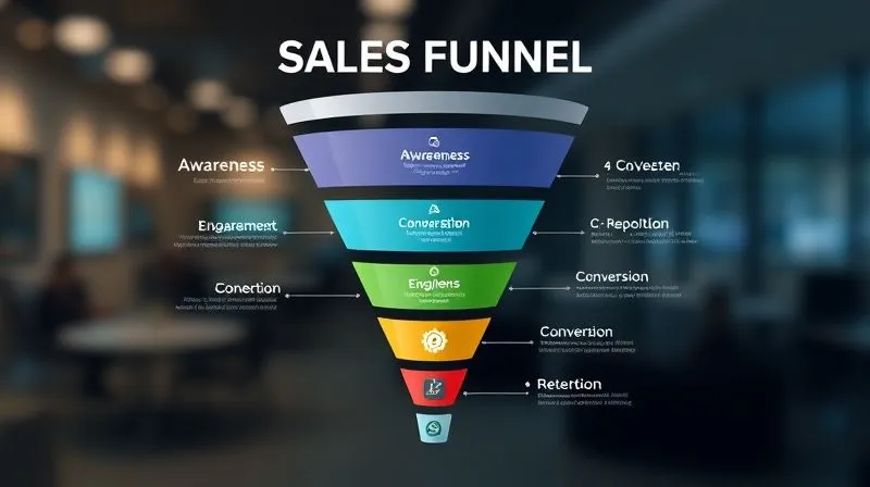 A photorealistic and clean infographic of a sales funnel, with distinct stages: Awareness, Engagement, Consideration, Conversion, and Retention. Each stage is clearly labeled with relevant icons. Cinematic lighting, sharp focus, depth of field, 8K hyper-detailed, professional photography.