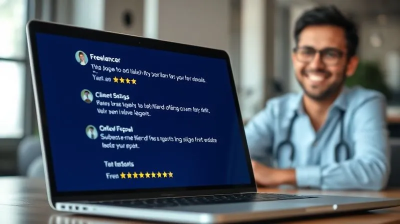 A photorealistic image of a freelancer's laptop screen displaying multiple positive client testimonials and star ratings, with a professional and smiling freelancer subtly blurred in the background, symbolizing trust and success. Cinematic lighting, sharp focus on the screen, depth of field, 8K hyper-detailed, professional photography.