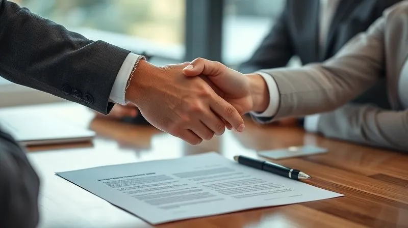 A photorealistic image of a professional freelancer and a client shaking hands over a table with a signed contract, symbolizing a successful deal. The atmosphere is collaborative and positive, with soft, cinematic lighting. Sharp focus on the hands and contract, depth of field, 8K hyper-detailed, professional photography.