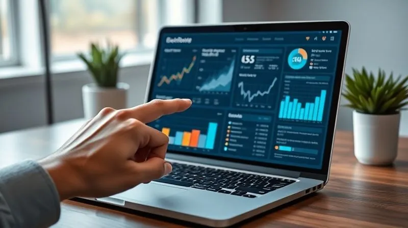 A photorealistic image of a freelancer's hand pointing at a data dashboard on a laptop screen, displaying various graphs and charts related to engagement and conversion metrics. The background is a modern, minimalist workspace. Cinematic lighting, sharp focus on the dashboard, depth of field, 8K hyper-detailed, professional photography.