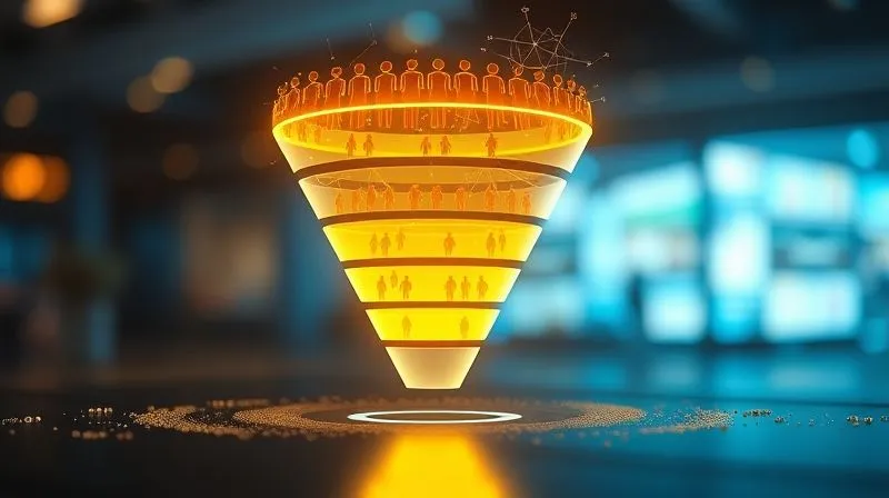 A photorealistic, professional photography of a glowing digital sales funnel, with distinct layers representing awareness, consideration, decision, and loyalty. Small figures of people (representing traffic) are entering the top and gradually moving down, transforming into client icons at the bottom. Cinematic lighting, sharp focus, depth of field, 8K hyper-detailed, shot on a high-end DSLR.