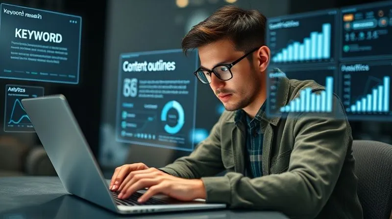 A photorealistic, professional photography of a freelancer intently typing on a laptop, surrounded by floating holographic screens displaying keyword research data, content outlines, and analytics. The freelancer has a focused, confident expression. Cinematic lighting, sharp focus on the freelancer and laptop, depth of field, 8K hyper-detailed, shot on a high-end DSLR.