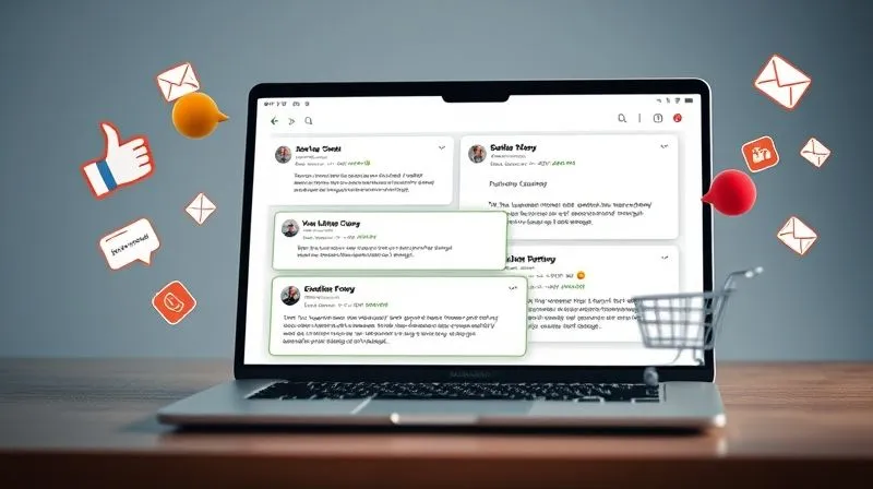 A photorealistic, professional photography image showing a stylized email inbox on a sleek laptop screen, with multiple open emails from a freelancer. Each email has engaging subject lines and content. Surrounding the laptop are floating icons representing engagement: a thumbs-up, a speech bubble, and a small shopping cart. Cinematic lighting, sharp focus on the laptop and icons, depth of field, 8K hyper-detailed, shot on a high-end DSLR.