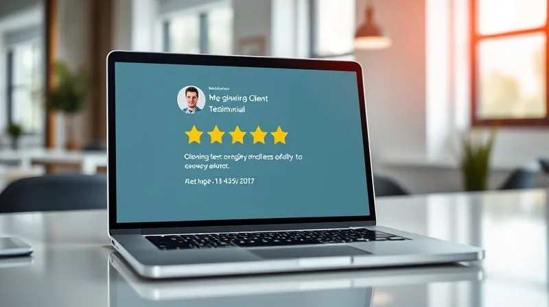 A photorealistic, professional photography of a laptop screen displaying a glowing client testimonial with a 5-star rating and a professional headshot of the client. The laptop is on a clean, modern desk in a well-lit office. Cinematic lighting, sharp focus on the testimonial, depth of field, 8K hyper-detailed, shot on a high-end DSLR.