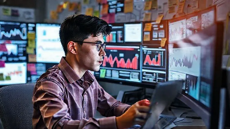 A photorealistic, professional photography, 8K, cinematic lighting, sharp focus, depth of field, shot on a high-end DSLR of a young professional analyzing market trend data on multiple screens, surrounded by sticky notes and mind maps, representing deep research and strategic thinking. The scene should evoke intelligence and foresight.