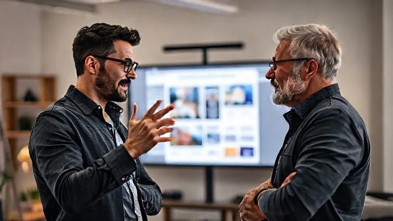 A photorealistic, professional photography, 8K, cinematic lighting, sharp focus, depth of field, shot on a high-end DSLR of a confident freelance designer engaging with a client during a presentation of a design mockup. The designer is making eye contact and gesturing towards the screen, conveying passion and expertise. The client is leaning forward, actively listening and nodding in agreement.