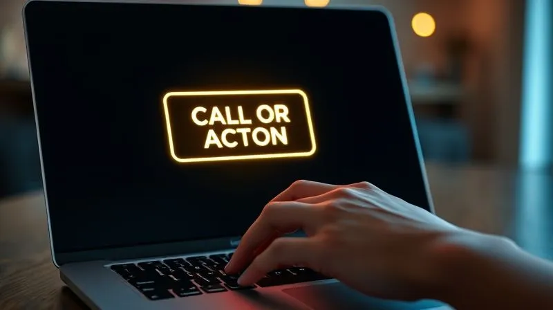 A photorealistic, professional photography shot of a sleek, modern call-to-action button glowing on a laptop screen, surrounded by a subtle, warm light, with a hand hovering over the trackpad. Cinematic lighting, sharp focus on the button, depth of field blurring the background, 8K hyper-detailed, shot on a high-end DSLR, conveying a clear path forward and conversion.