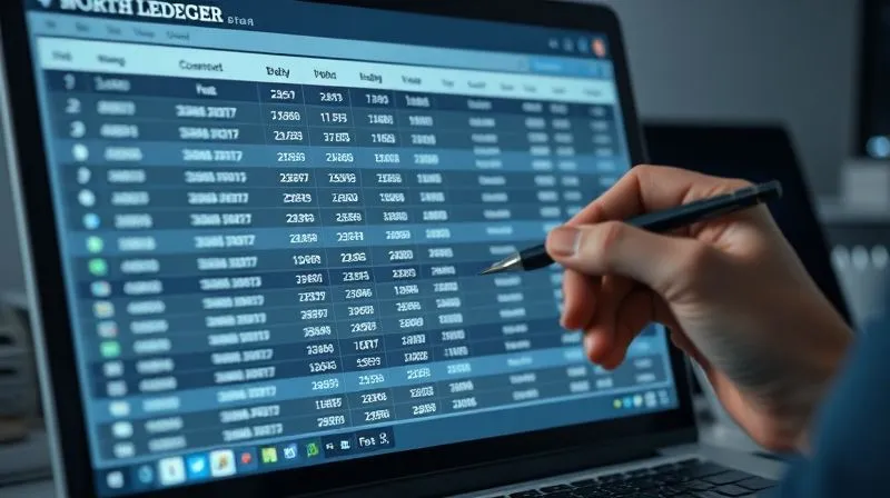 A photorealistic image of a detailed digital ledger or spreadsheet on a computer screen, showing rows of cryptocurrency transactions with columns for date, type, asset, quantity, value in BRL, and fees. The screen is illuminated with soft, professional light, and a hand is seen holding a pen or stylus, indicating meticulous record-keeping. The background is a blurred, organized desk, emphasizing precision and financial management, 8K, cinematic lighting, sharp focus, depth of field, shot on a high-end DSLR.