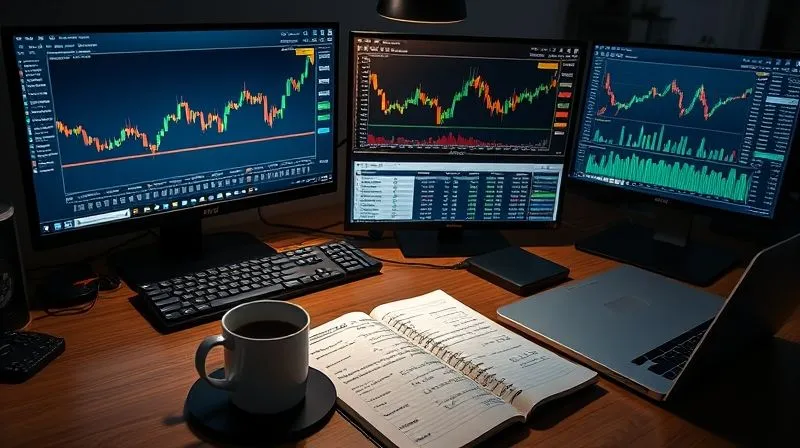 A photorealistic image of a freelancer's desk setup, featuring multiple screens displaying cryptocurrency charts, a tax software interface, and an open notebook with financial notes. A cup of coffee and a modern laptop are also visible. The overall scene is organized and technologically advanced, emphasizing the use of digital tools for financial management and compliance. Cinematic lighting highlights the screens, creating a focused and productive atmosphere, 8K, sharp focus, depth of field, shot on a high-end DSLR.