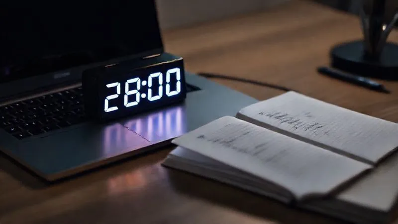 A photorealistic image of a freelancer's desk with a minimalist setup. A digital Pomodoro timer displays '20:00' prominently, glowing with a soft, encouraging light. A single, open notebook with a clear, handwritten task list is beside a laptop. The background is slightly blurred, indicating a focused environment. Professional photography, 8K, cinematic lighting, sharp focus on the timer and notebook, depth of field.