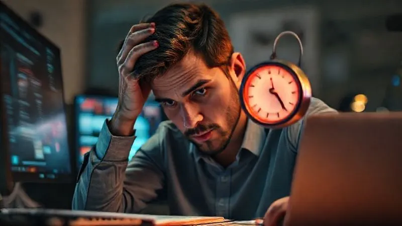 A photorealistic image of a freelancer looking slightly overwhelmed at a desk, surrounded by subtle, blurred representations of digital distractions (notifications popping up on screens, social media icons). The freelancer is holding their head in one hand, but in the other hand, a glowing, slightly out-of-focus Pomodoro timer offers a subtle hint of hope and structure. The lighting is a mix of warm and cool tones, highlighting the internal conflict. Professional photography, 8K, cinematic lighting, sharp focus on the freelancer's face and the timer, depth of field.