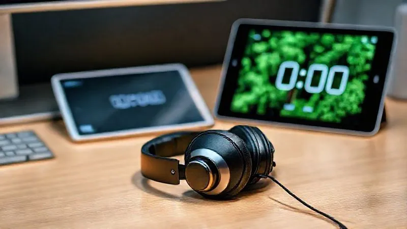 A photorealistic close-up of a sleek, minimalist desk setup. In the foreground, a pair of high-end noise-canceling headphones rests beside a modern, digital Pomodoro timer displaying '00:00', indicating a completed cycle. A tablet in the background shows a productivity app with a green, thriving virtual forest. Cinematic lighting, sharp focus on the headphones and timer, depth of field. Professional photography, 8K.