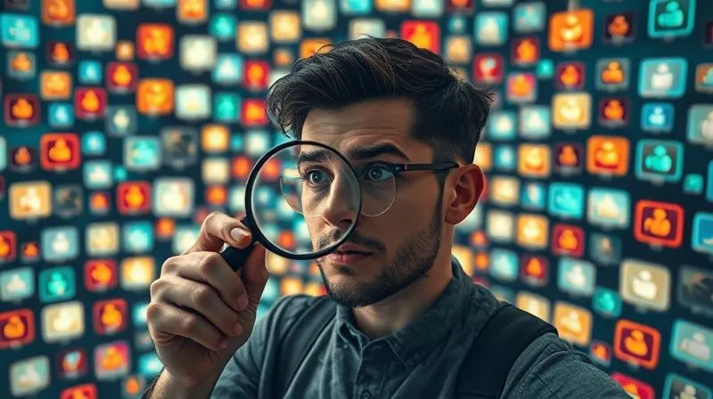 A photorealistic image of a freelancer looking overwhelmed by a vast, confusing digital marketplace filled with countless online course icons, some glowing brightly with exaggerated promises, while others are dim and unappealing. The freelancer holds a magnifying glass, trying to discern quality from noise. Cinematic lighting, sharp focus, depth of field, 8K hyper-detailed, shot on a high-end DSLR.