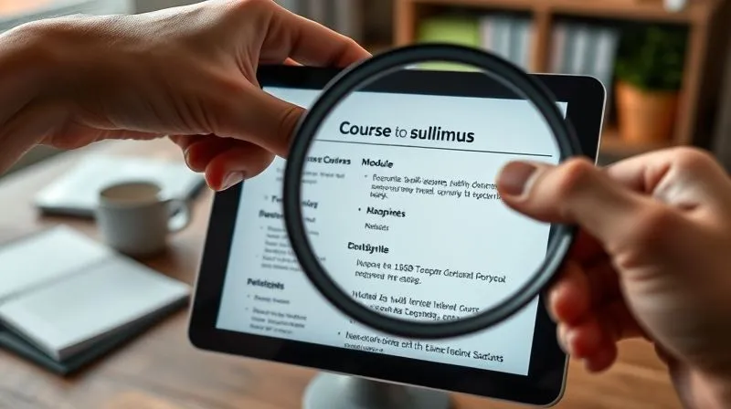 A photorealistic close-up of a hand holding a magnifying glass over a detailed online course syllabus displayed on a tablet screen, highlighting specific module titles and learning outcomes. The background is a blurred, organized home office setting. Cinematic lighting, sharp focus, depth of field, 8K hyper-detailed, shot on a high-end DSLR.