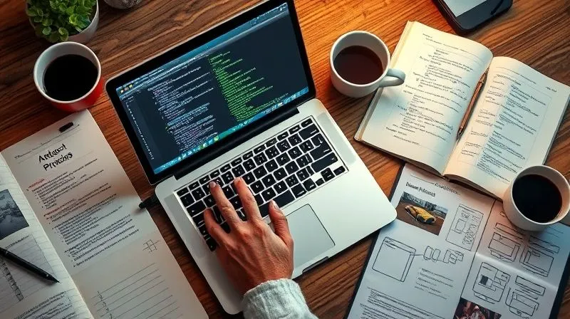 A photorealistic image of a freelancer's hands actively typing on a laptop, surrounded by open notebooks with detailed project plans, a coffee cup, and a focused expression. The screen displays code or a design project in progress, emphasizing practical application. Cinematic lighting, sharp focus on the hands and screen, depth of field, 8K hyper-detailed, shot on a high-end DSLR.