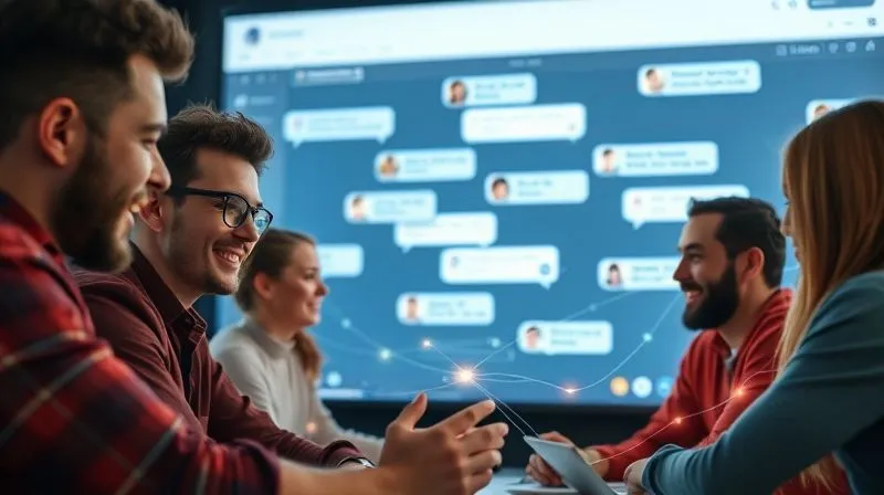 A photorealistic image of diverse freelancers (e.g., designer, writer, developer) collaboratively engaging in an online forum displayed on a large screen, with chat bubbles and smiling faces. They are connected by glowing lines, symbolizing a strong community network and shared knowledge. Cinematic lighting, sharp focus on the screen and the faces, depth of field, 8K hyper-detailed, shot on a high-end DSLR.