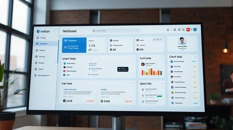 A photorealistic image of a Notion dashboard on a large monitor, clean and organized, with distinct sections for 'Client Projects', 'Urgent Tasks', 'Calendar', and 'Quick Links'. The layout is intuitive, using subtle color-coding and progress bars. Cinematic lighting, sharp focus, depth of field, 8K hyper-detailed, professional photography, shot on a high-end DSLR.