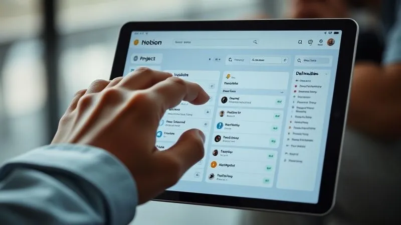 A photorealistic image of a Notion client portal on a tablet screen, showing project updates, a feedback section, and a list of deliverables. The interface is clean and professional, with a modern design. A hand is gently tapping on the screen. Cinematic lighting, sharp focus, depth of field, 8K hyper-detailed, professional photography, shot on a high-end DSLR.