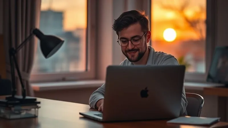 A photorealistic image of a freelancer, looking calm and content, closing a laptop at a desk with a warm sunset glow through a window. The desk is tidy, reflecting a sense of completion and peace. Cinematic lighting, sharp focus on the freelancer's relaxed expression, depth of field, 8K hyper-detailed, professional photography, shot on a high-end DSLR.