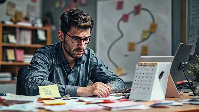 A photorealistic image of a stressed freelancer at a desk, surrounded by chaotic sticky notes and an empty calendar, with a winding, uncertain path fading into the distance behind them. Cinematic lighting, sharp focus on the freelancer's anxious expression, depth of field, 8K hyper-detailed, shot on a high-end DSLR.