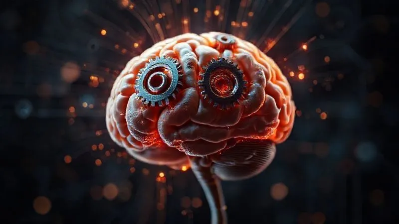 A photorealistic image of a person's brain with gears turning, representing a mindset shift, with positive and negative feedback symbols being processed into growth, cinematic lighting, sharp focus, depth of field, 8K hyper-detailed.