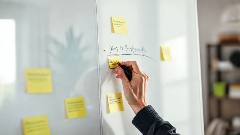 A photorealistic image of a freelancer's hand writing actionable steps on a whiteboard, surrounded by sticky notes with feedback points, in a brightly lit, modern home office, cinematic lighting, sharp focus, depth of field, 8K hyper-detailed.