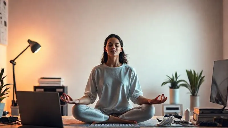 A photorealistic image of a freelancer meditating calmly in a serene, minimalist workspace, with a soft glow around them, symbolizing mental peace and resilience amidst digital tools, cinematic lighting, sharp focus, depth of field, 8K hyper-detailed.