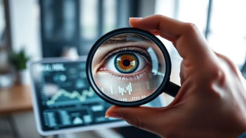 A photorealistic close-up of a person's hand holding a magnifying glass over a tablet displaying a complex data visualization, with a focused eye reflecting in the lens. The background is a blurred, modern office setting. Cinematic lighting, sharp focus, depth of field, 8K hyper-detailed.
