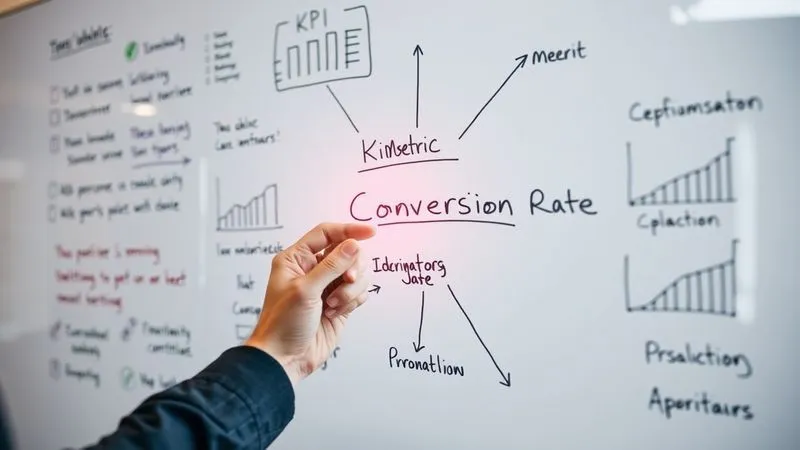 A photorealistic image of a whiteboard filled with neatly written KPIs and metrics, connected by lines and arrows indicating dependencies. A hand is holding a marker, pointing to a key metric like 'Conversion Rate'. Professional office setting, sharp focus, depth of field, 8K hyper-detailed.