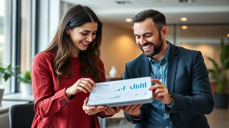A photorealistic image of a freelancer presenting a clear, concise data report to a client on a tablet, with both individuals smiling and nodding in understanding. The setting is a modern, bright office. Cinematic lighting, sharp focus on the report and faces, depth of field, 8K hyper-detailed.