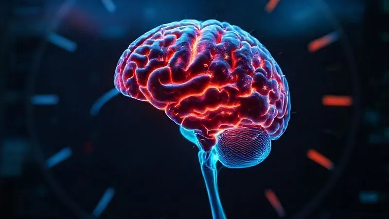 A photorealistic brain scan showing active areas of the prefrontal cortex during deep concentration, with subtle, colorful energy patterns, set against a backdrop of a digital clock indicating different times of day, cinematic lighting, 8K, sharp focus, depth of field, shot on a high-end DSLR.