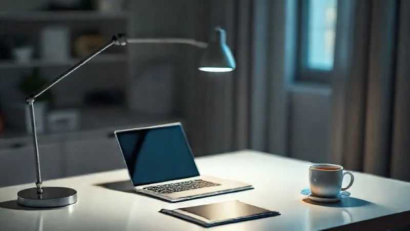 A photorealistic image of a minimalist desk setup in a modern home office, with a single, focused work lamp illuminating a notebook and a high-end laptop, a cup of coffee nearby. The background is softly blurred, suggesting a quiet, undisturbed environment. Cinematic lighting, 8K, sharp focus, depth of field, shot on a high-end DSLR.