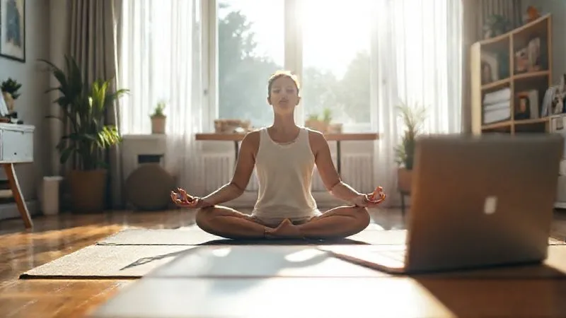 A photorealistic image of a person meditating peacefully in a sunlit home office, perhaps on a yoga mat, with their laptop closed on the desk in the background. The atmosphere is calm and serene, emphasizing mental rest and rejuvenation. Cinematic lighting, 8K, sharp focus, depth of field, shot on a high-end DSLR.