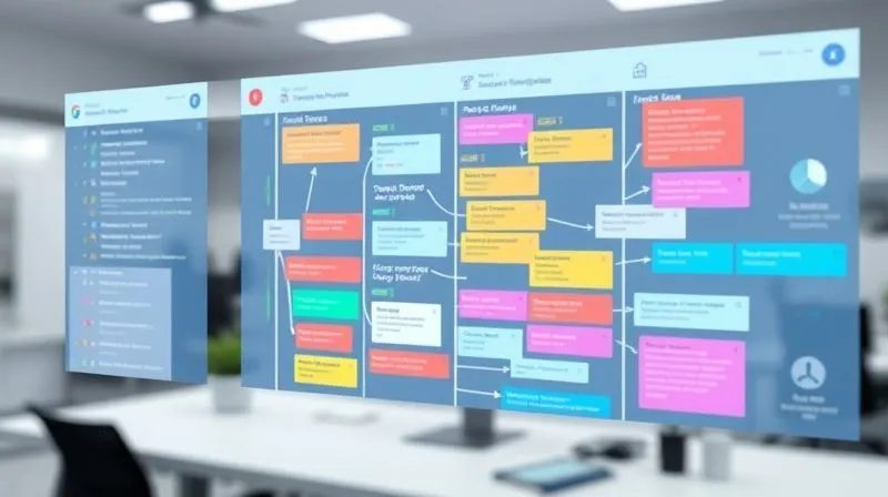 A photorealistic image of a complex project broken down into smaller, color-coded tasks on a digital project management board, with arrows indicating dependencies. The background is a clean, modern workspace. Cinematic lighting, sharp focus on the detailed tasks, depth of field blurring the background. 8K hyper-detailed, professional photography.