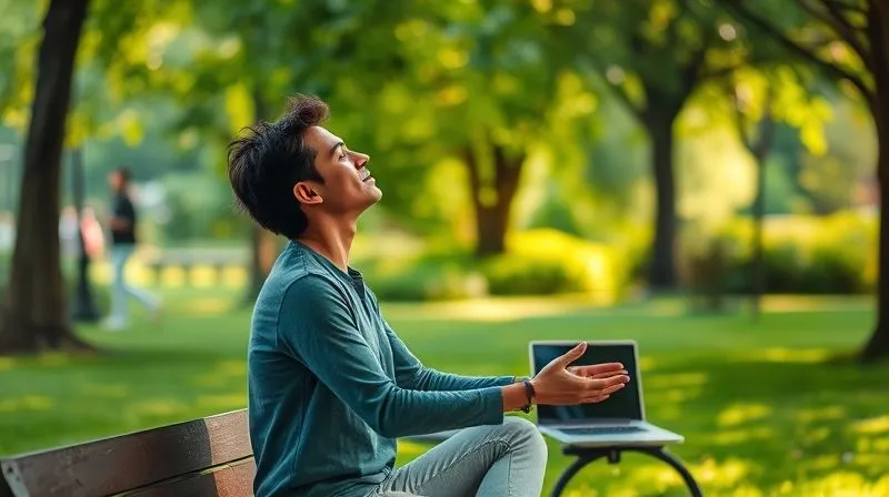 A photorealistic image of a freelancer taking a mindful break in a serene, green park, perhaps stretching or doing a light meditation, with a laptop subtly visible in the background on a bench. The lighting is soft and natural, emphasizing tranquility and rejuvenation. Sharp focus on the person, depth of field blurring the park's foliage. 8K hyper-detailed, professional photography.