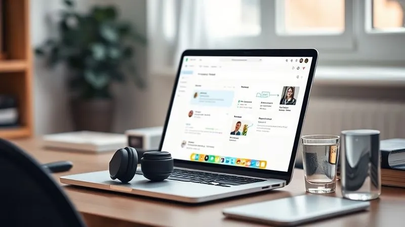 A photorealistic image of a freelancer's desk with a minimalist setup. A laptop displays a clean project management tool interface (like Asana or Notion), with a focused work environment. On the desk, there are noise-cancelling headphones and a glass of water. Cinematic lighting, sharp focus on the screen and desk items, depth of field blurring a subtle, organized background. 8K hyper-detailed, professional photography.