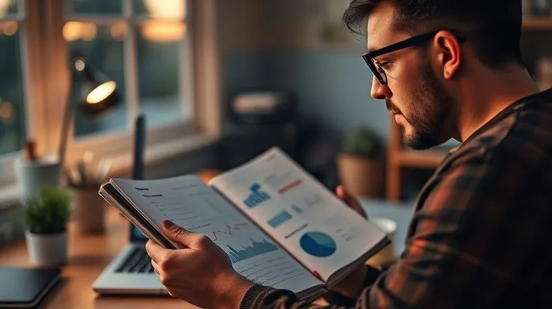A photorealistic image of a freelancer thoughtfully reviewing a detailed journal or digital dashboard showing productivity metrics and notes. The setting is a cozy, organized home office at dusk, with warm, cinematic lighting. Sharp focus on the journal/screen, depth of field blurring the background. 8K hyper-detailed, professional photography.