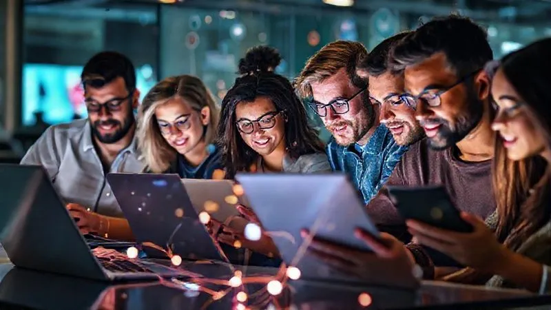 A photorealistic image of a diverse group of freelancers, each focused on a different digital learning platform on their laptops or tablets, surrounded by glowing data streams and knowledge symbols. The setting is modern and collaborative, with cinematic lighting highlighting their expressions of concentration and growth. 8K, sharp focus on the screens and faces, depth of field blurring the background, shot on a high-end DSLR.