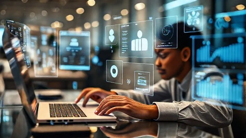 A photorealistic image of a freelancer, diverse ethnicity, working at a modern desk, surrounded by holographic interfaces displaying AI tools like ChatGPT, Midjourney, and data analytics. Their hands are interacting with the digital elements, showcasing seamless integration of technology into their workflow. Cinematic lighting, sharp focus on the freelancer and the glowing interfaces, depth of field blurring the background, 8K, shot on a high-end DSLR.