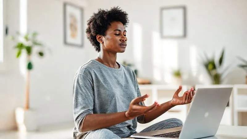 A photorealistic image of a freelancer, diverse ethnicity, practicing mindfulness or meditation in a serene, minimalist home office. The lighting is soft and natural, emphasizing a sense of calm and balance. A laptop is closed in the background, symbolizing clear boundaries between work and personal well-being. 8K, sharp focus on the person, depth of field blurring the background, shot on a high-end DSLR.