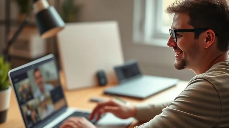 A photorealistic image of a freelancer's desk with a laptop displaying a video call, but the freelancer is smiling calmly, looking at the screen with a cup of coffee. The background is slightly blurred, showing other digital tools open. Cinematic lighting, sharp focus on the freelancer, 8K hyper-detailed, shot on a high-end DSLR.