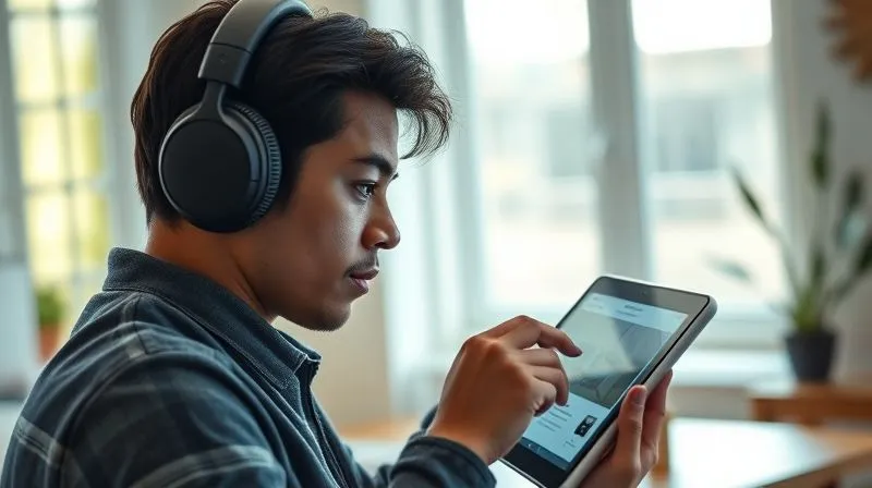 A photorealistic image of a person wearing noise-cancelling headphones, intently focused on a tablet displaying an online course. The background is a cozy, modern home office with natural light. Cinematic lighting, sharp focus on the tablet and person's face, 8K hyper-detailed, shot on a high-end DSLR.