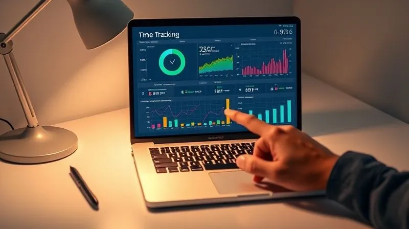 A photorealistic image of a minimalist desk with a laptop displaying a detailed time tracking report, showing colorful graphs and charts. A hand is pointing at a specific data point on the screen. Cinematic lighting, sharp focus on the laptop screen, 8K hyper-detailed, shot on a high-end DSLR.